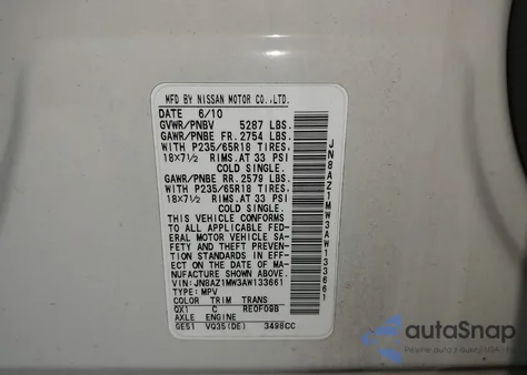 2010 Nissan Murano Sl z USA, uszkodzony, nr VIN JN8AZ1MW3AW133661